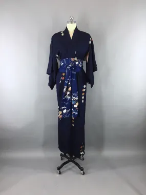 1950s Vintage Silk Kimono Robe / Navy Blue Metallic