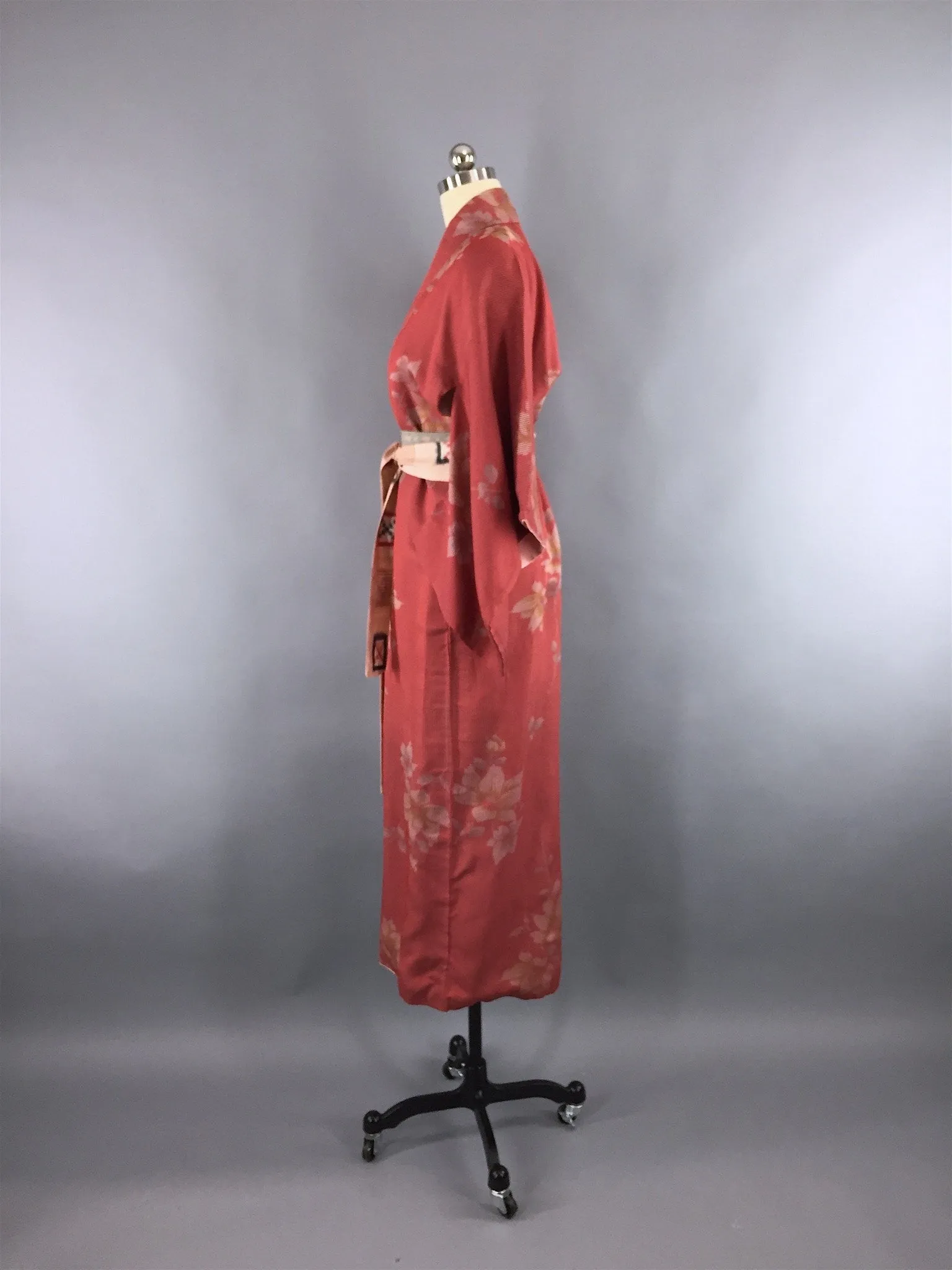 1950s Vintage Silk Kimono Robe with Brick Red Floral Stripes