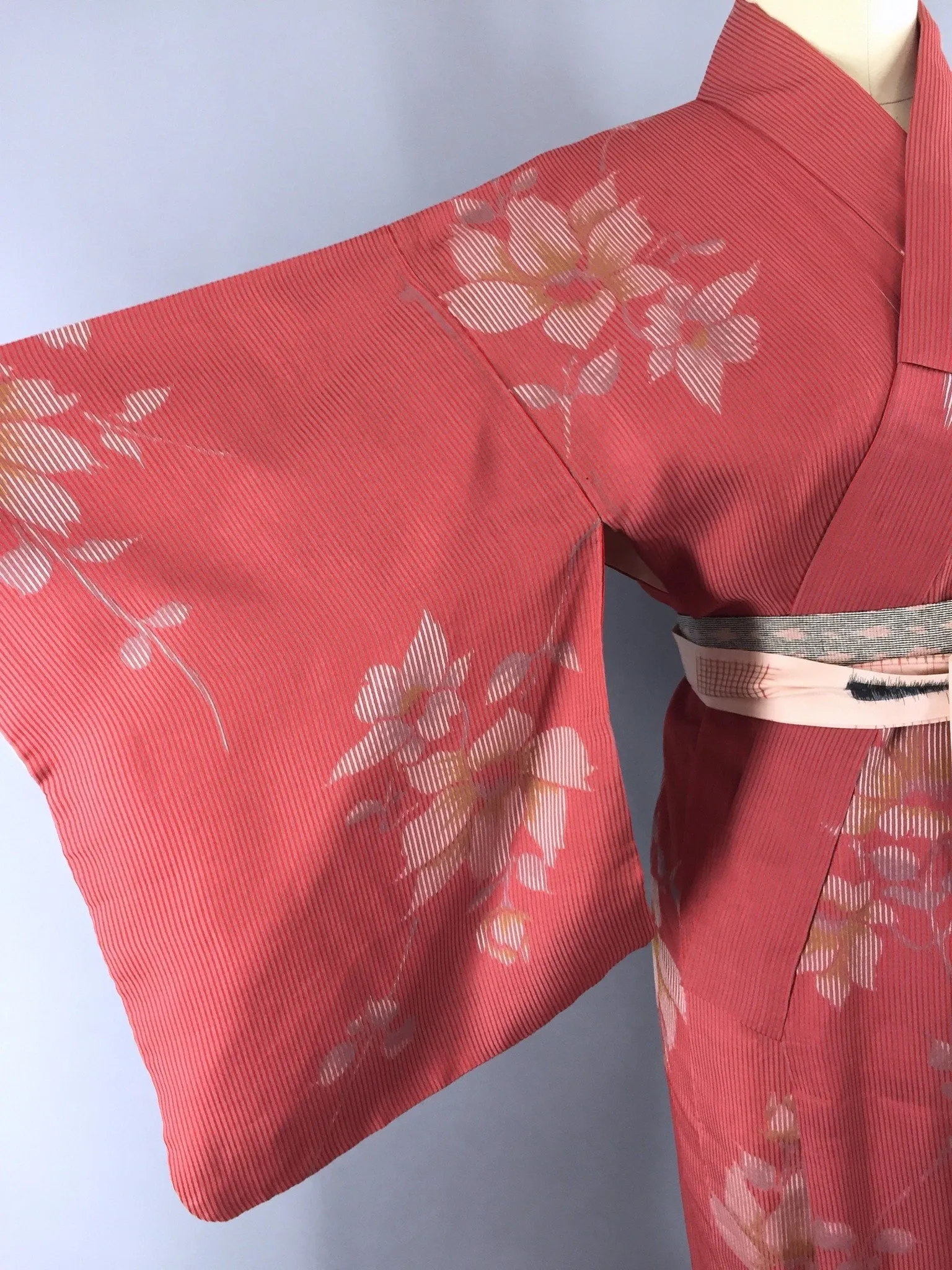 1950s Vintage Silk Kimono Robe with Brick Red Floral Stripes