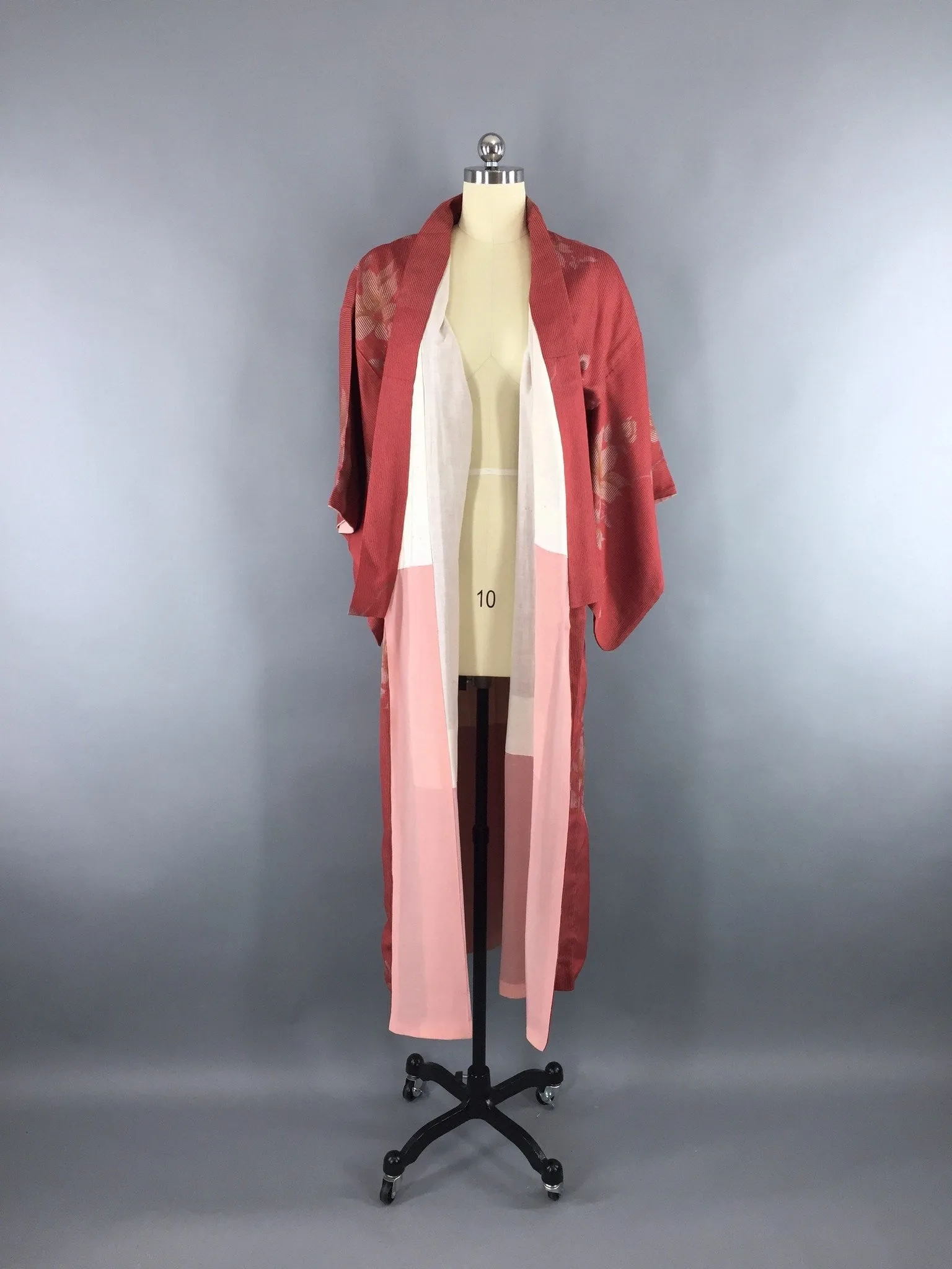 1950s Vintage Silk Kimono Robe with Brick Red Floral Stripes