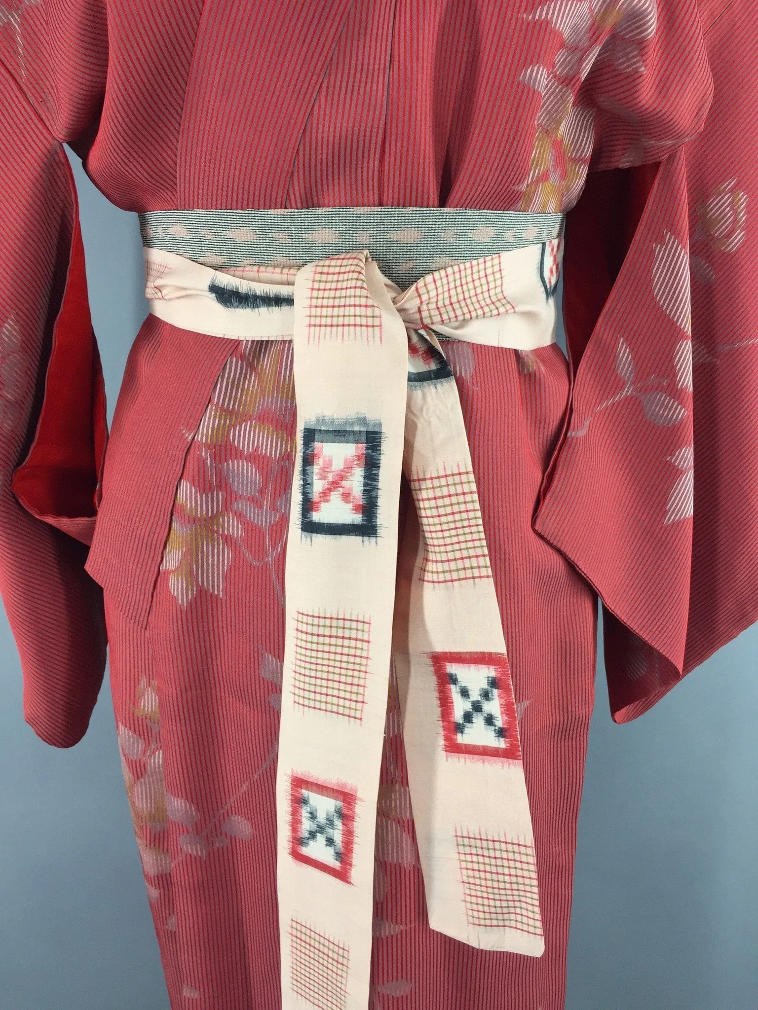1950s Vintage Silk Kimono Robe with Brick Red Floral Stripes