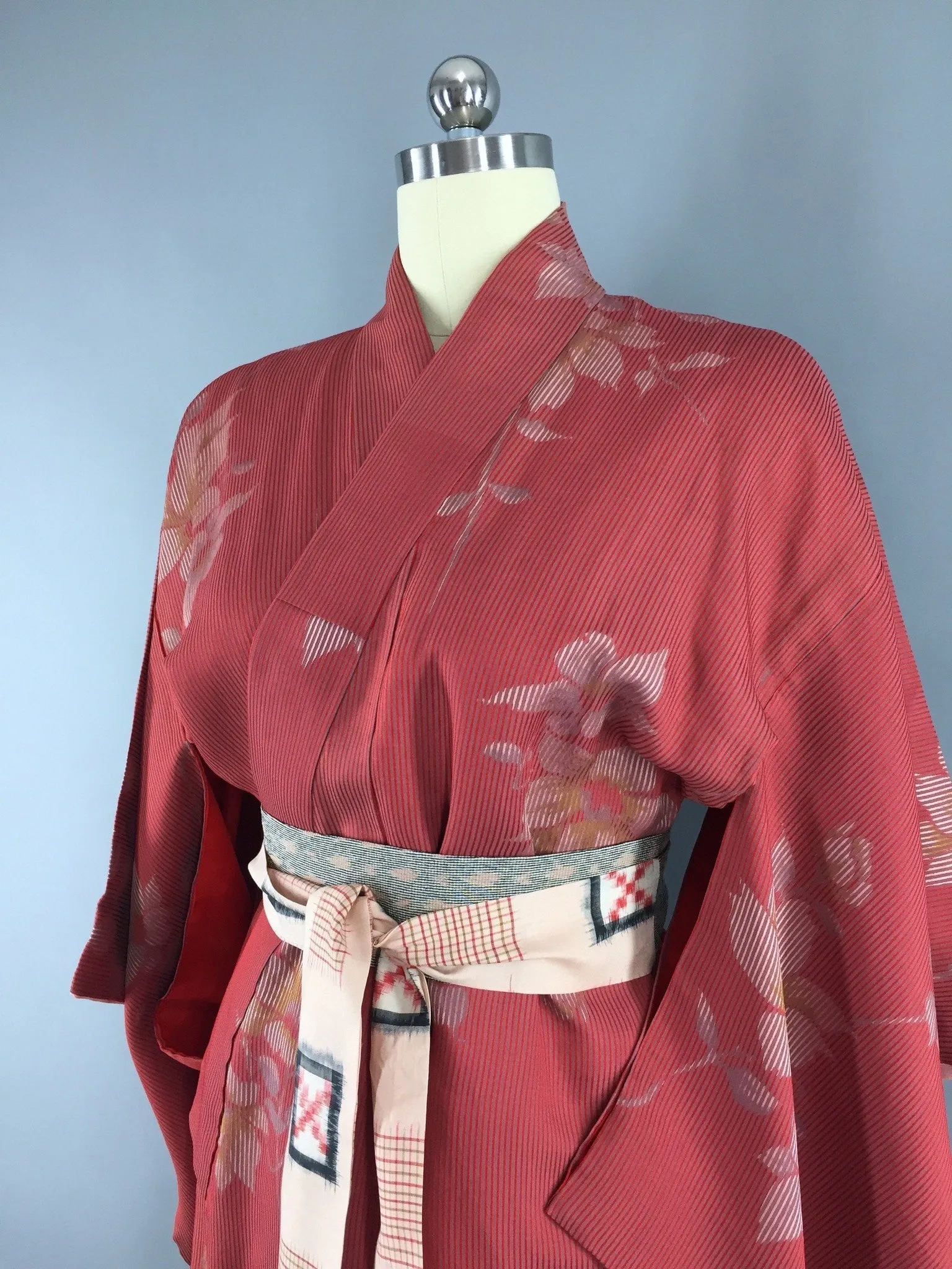 1950s Vintage Silk Kimono Robe with Brick Red Floral Stripes
