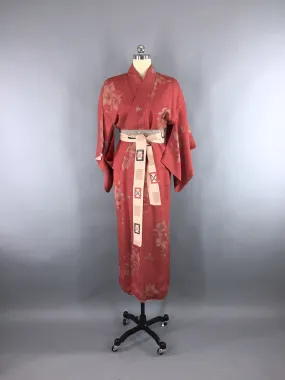 1950s Vintage Silk Kimono Robe with Brick Red Floral Stripes