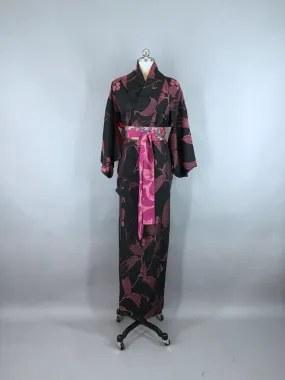 1950s Vintage Silk Rayon Kimono Robe / Black Mauve Floral