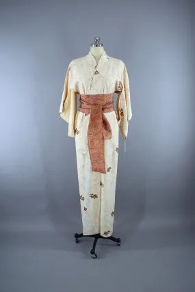 1960s Vintage Silk Kimono Robe / Pink Peach Cherry Blossoms Floral Print