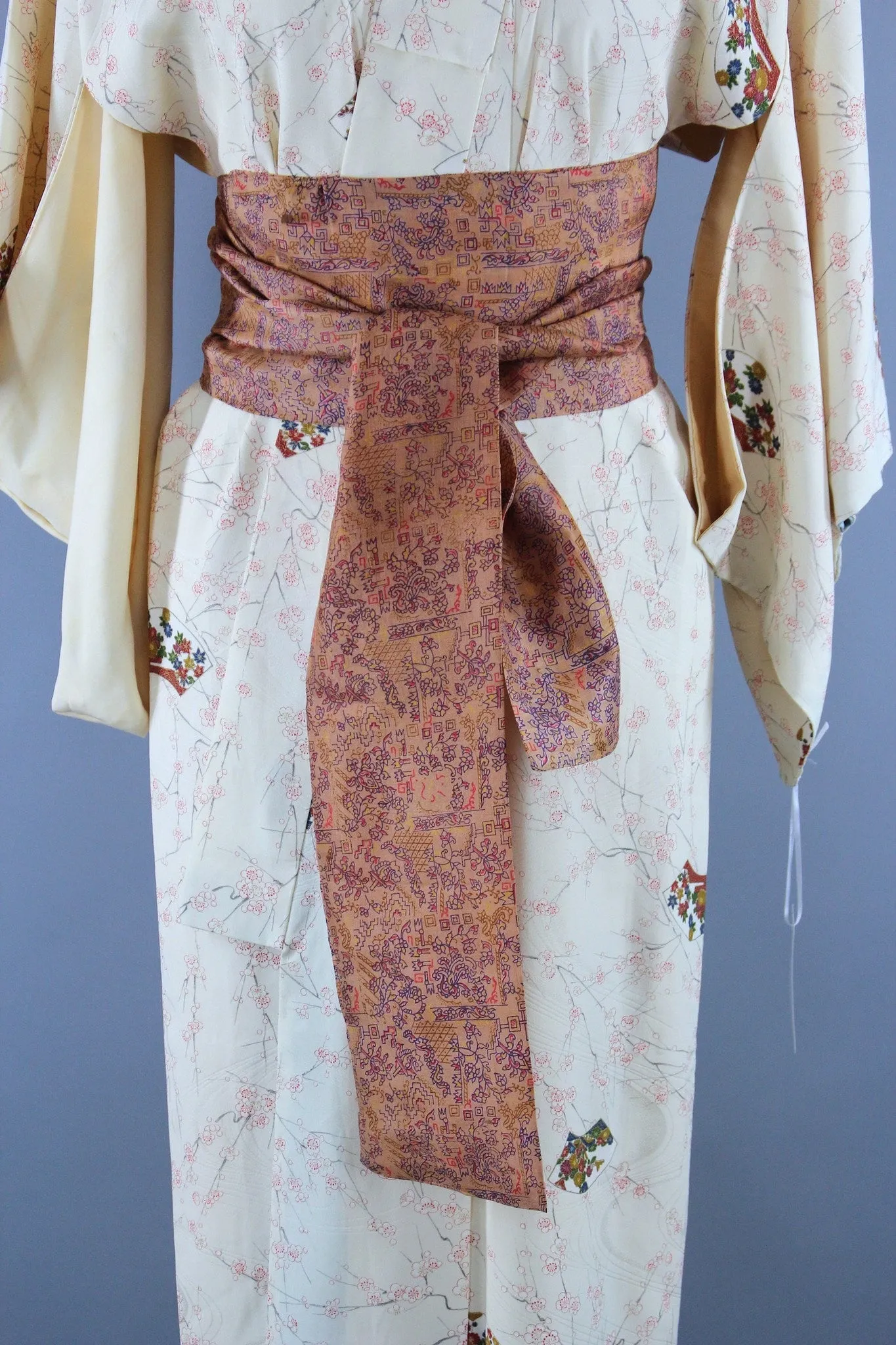 1960s Vintage Silk Kimono Robe / Pink Peach Cherry Blossoms Floral Print