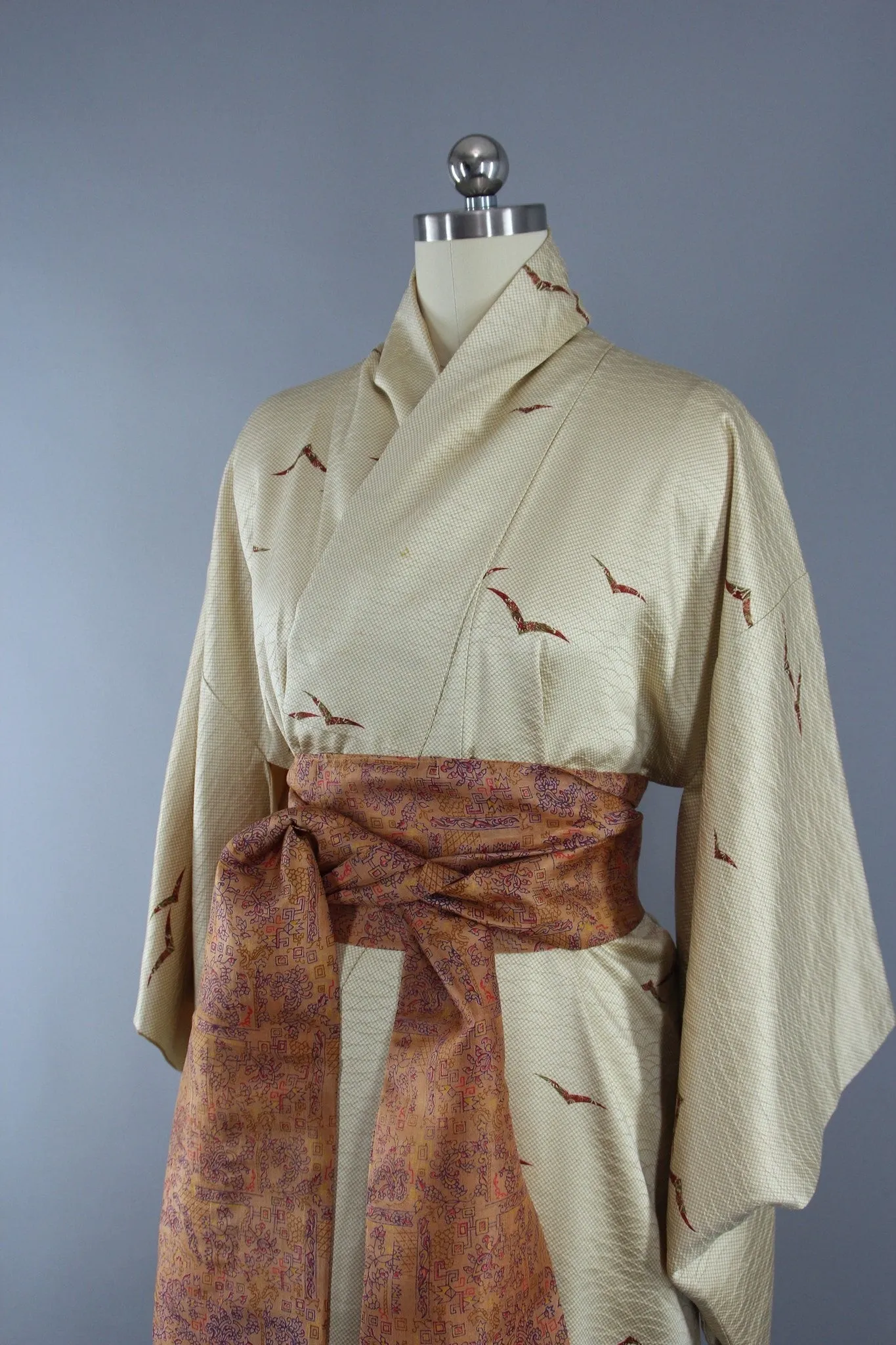 1960s Vintage Silk Kimono Robe with Ivory Gold Origami Birds