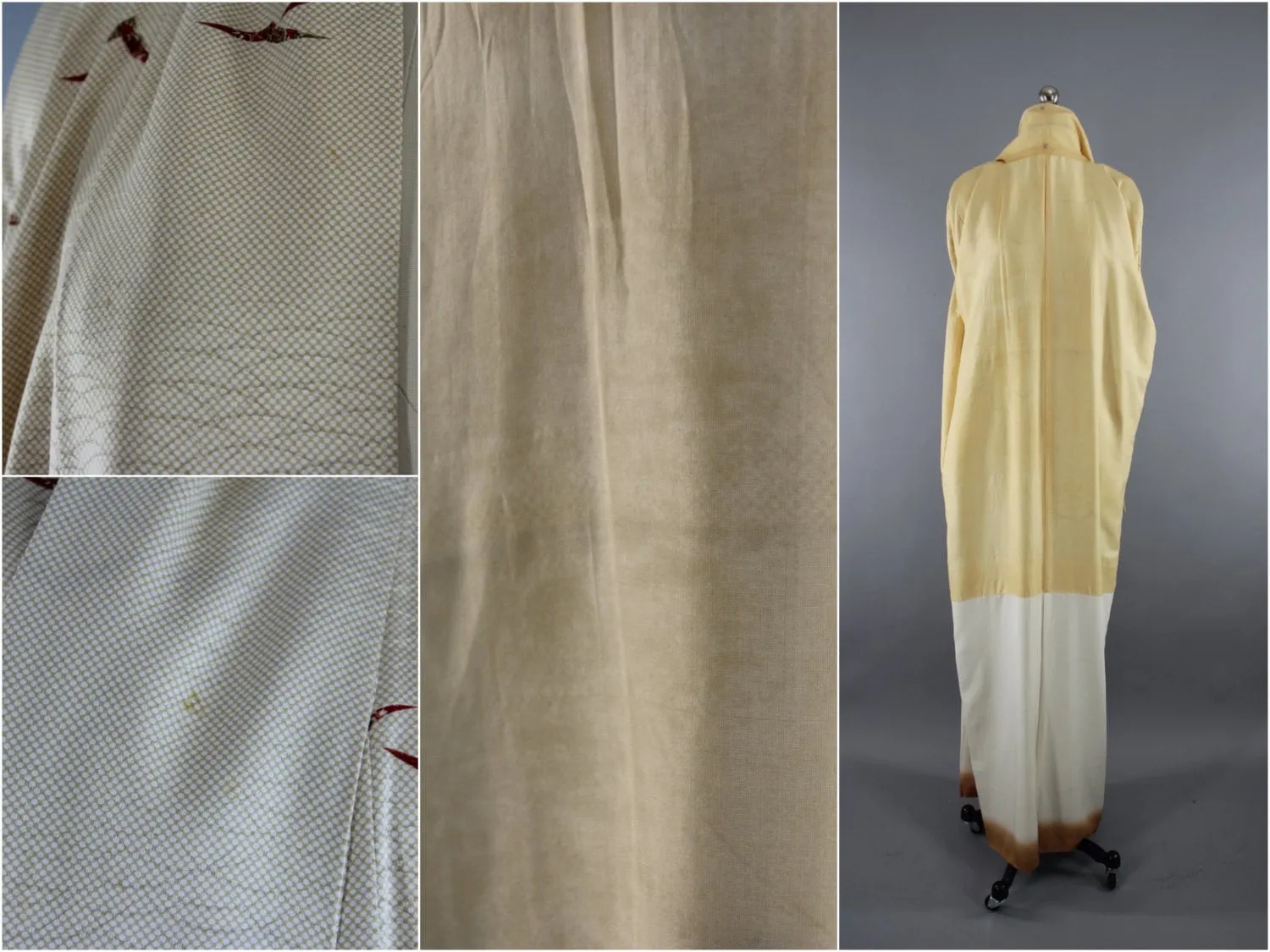 1960s Vintage Silk Kimono Robe with Ivory Gold Origami Birds