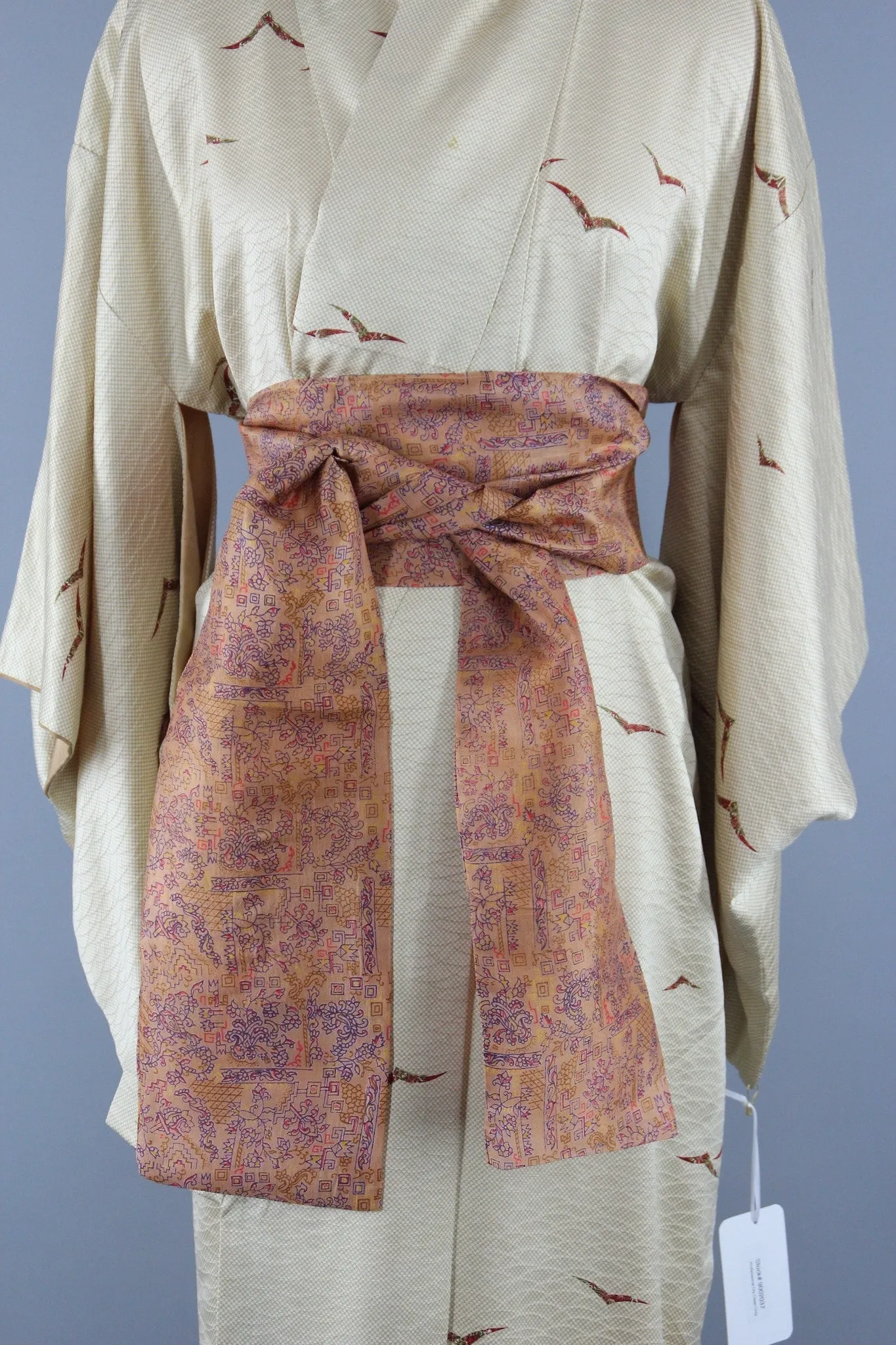 1960s Vintage Silk Kimono Robe with Ivory Gold Origami Birds