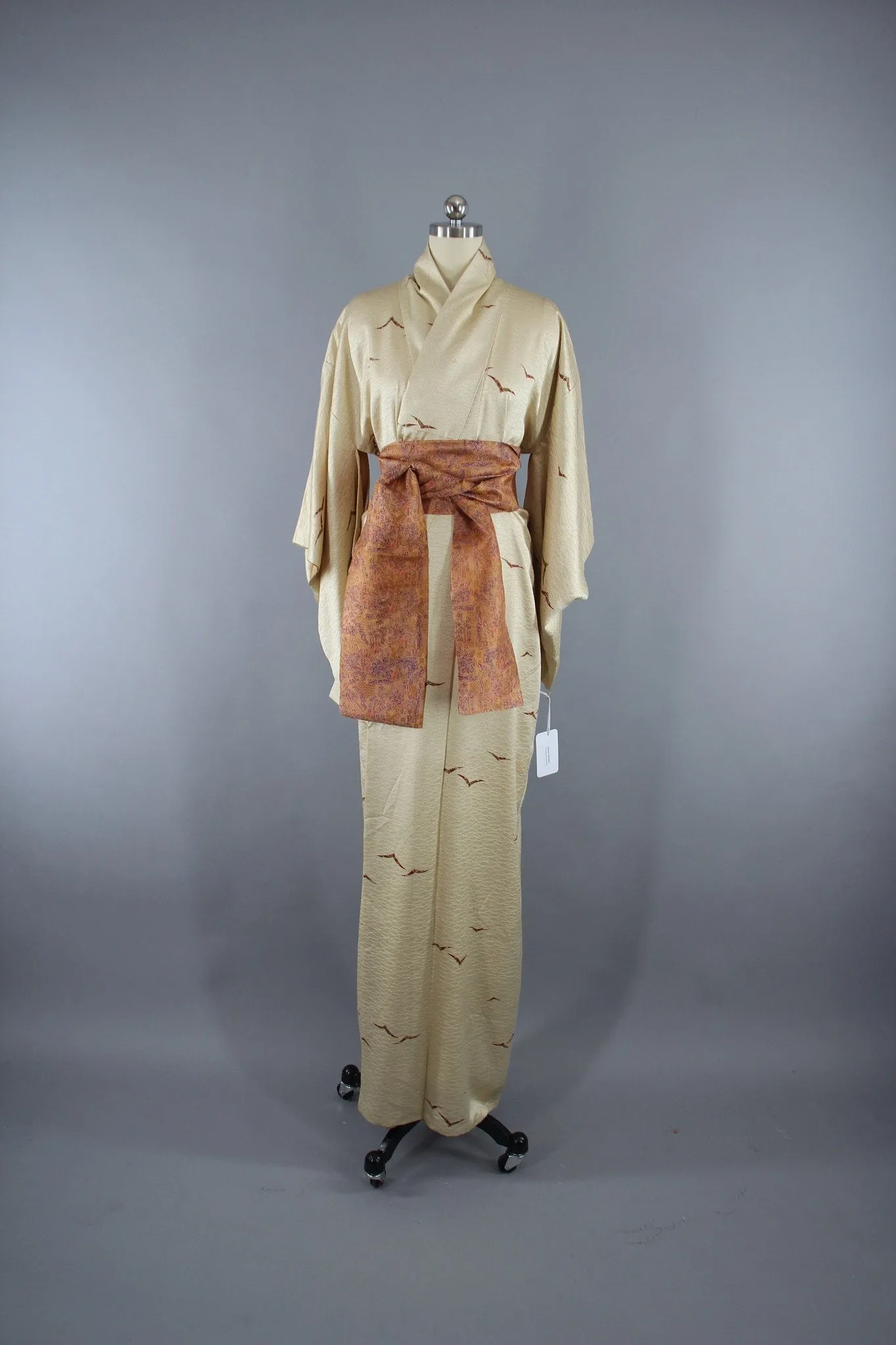 1960s Vintage Silk Kimono Robe with Ivory Gold Origami Birds