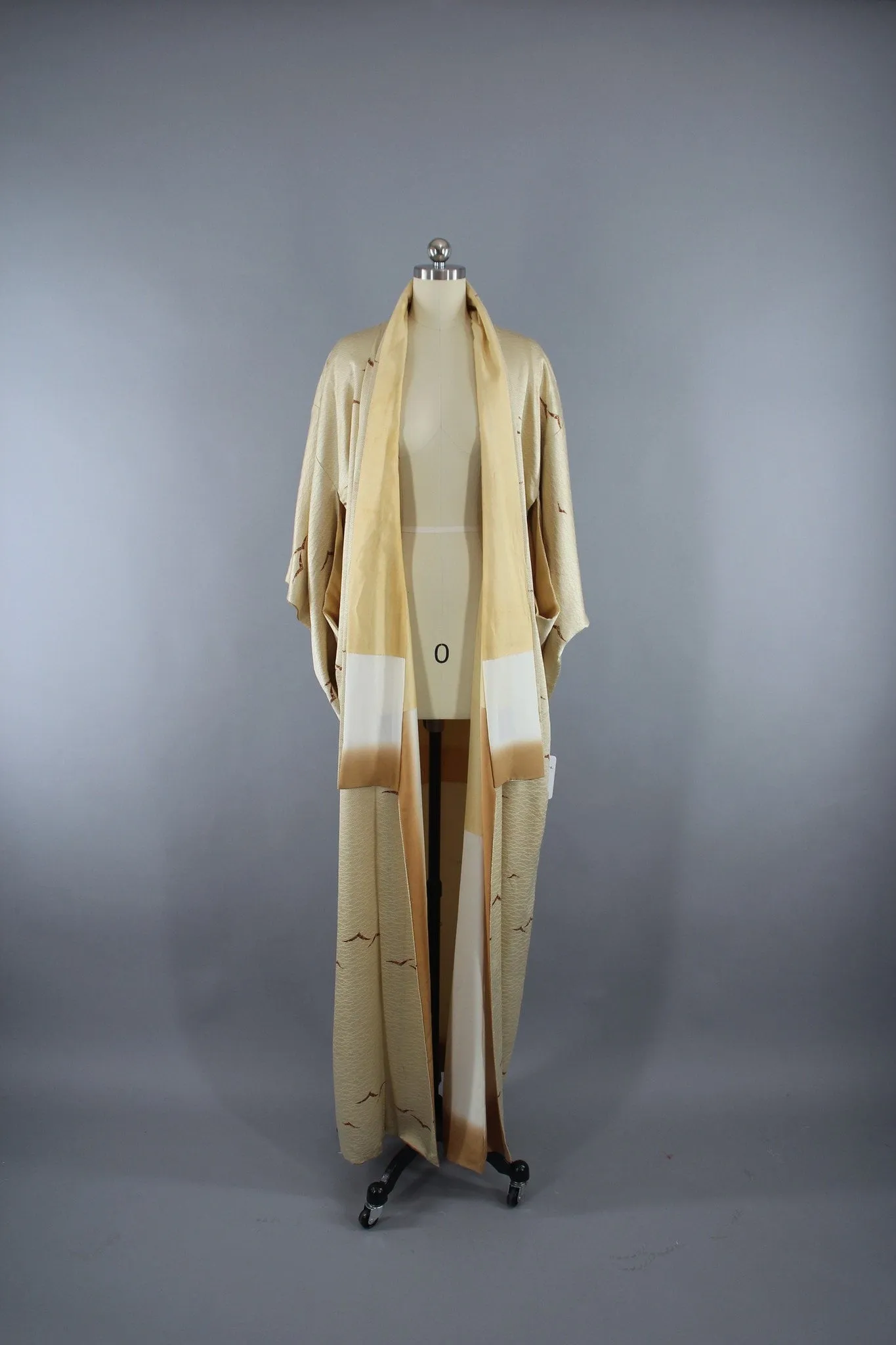 1960s Vintage Silk Kimono Robe with Ivory Gold Origami Birds