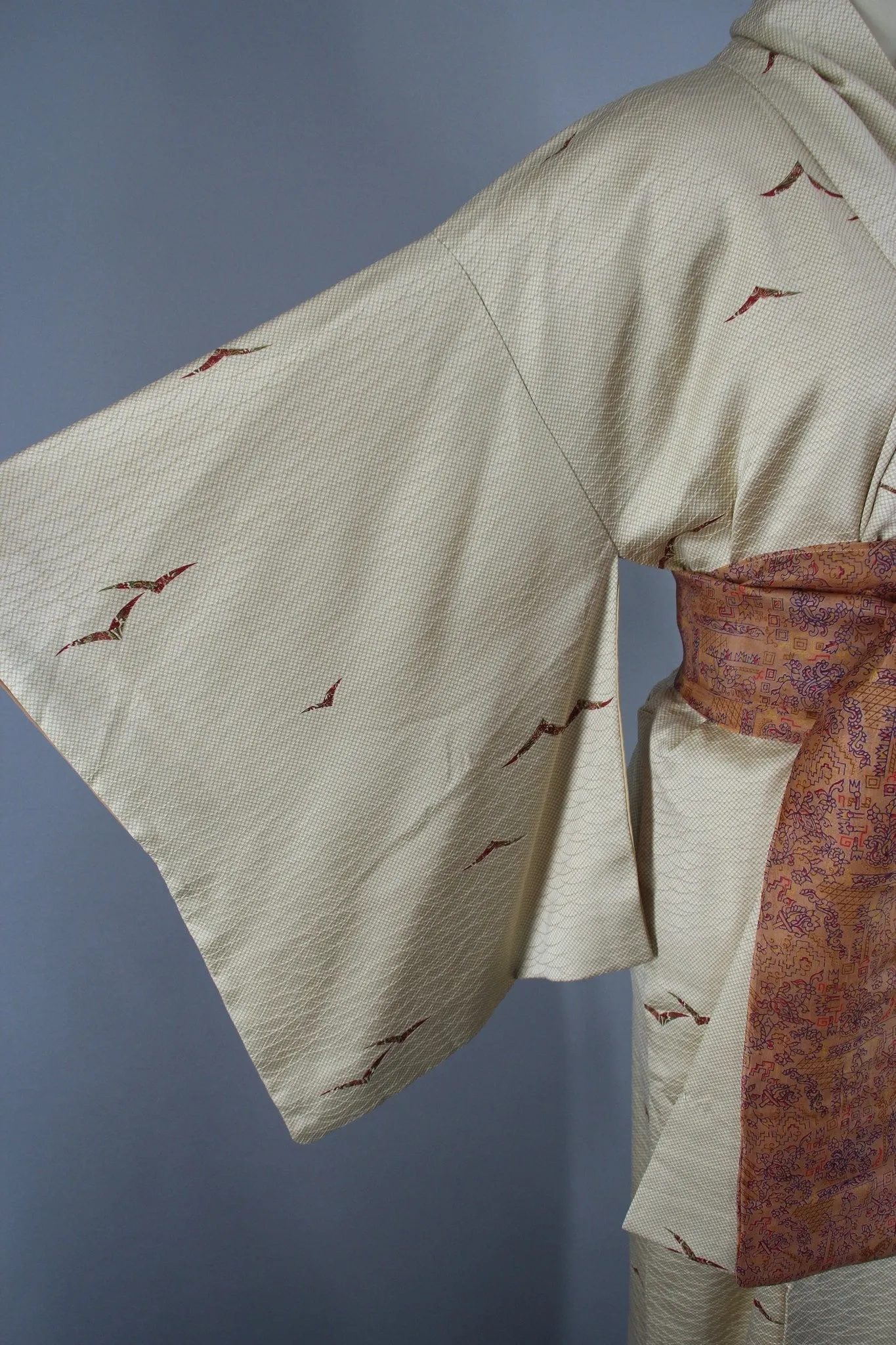 1960s Vintage Silk Kimono Robe with Ivory Gold Origami Birds