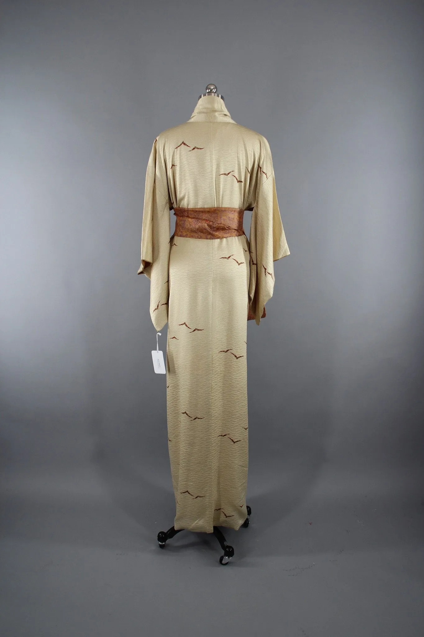 1960s Vintage Silk Kimono Robe with Ivory Gold Origami Birds