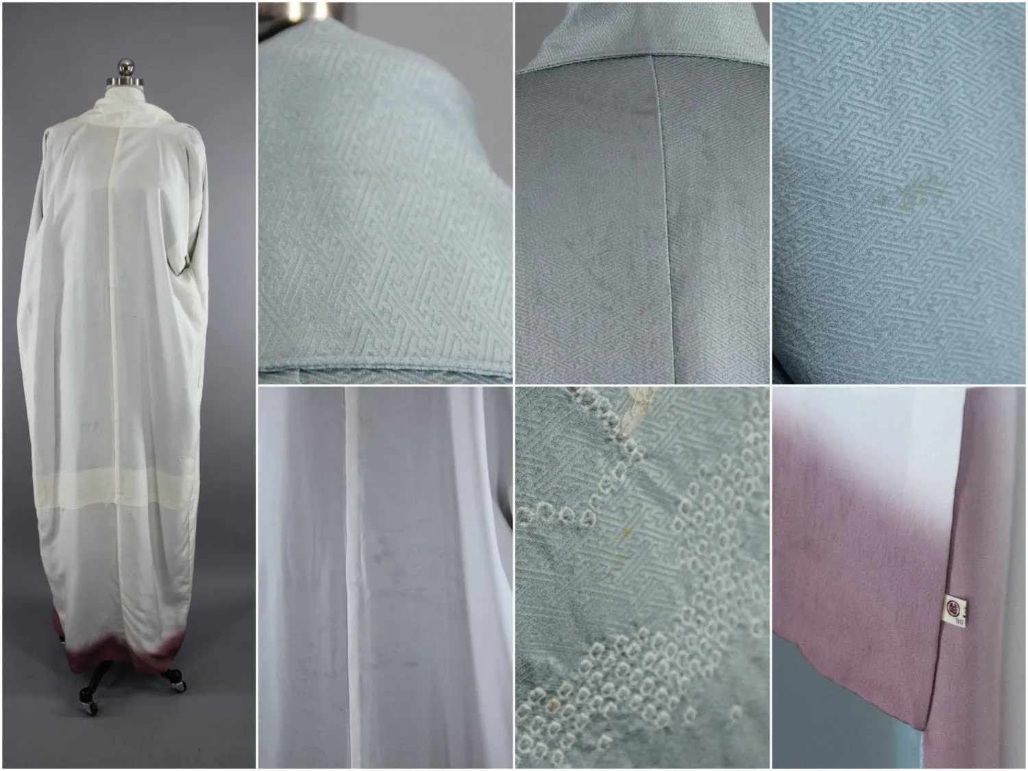 1980s Vintage Silk Kimono Robe in Light Blue Shibori Floral