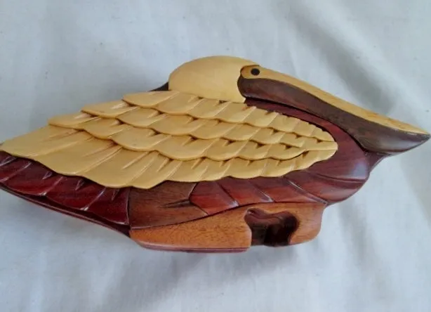 7" Rustic Handmade PELICAN PUZZLE Trinket Carved Wood BIRD Jewelry Box Treasure