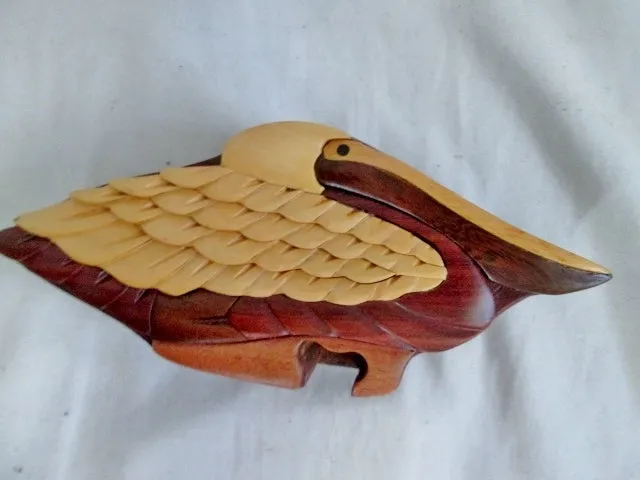 7" Rustic Handmade PELICAN PUZZLE Trinket Carved Wood BIRD Jewelry Box Treasure