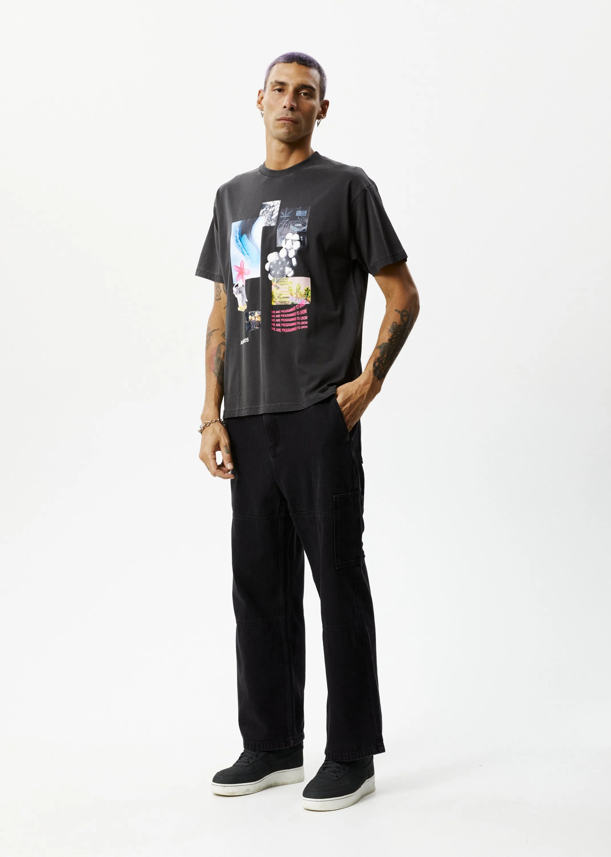 AFENDS Mens Under Pressure - Graphic Boxy T-Shirt - Stone Black