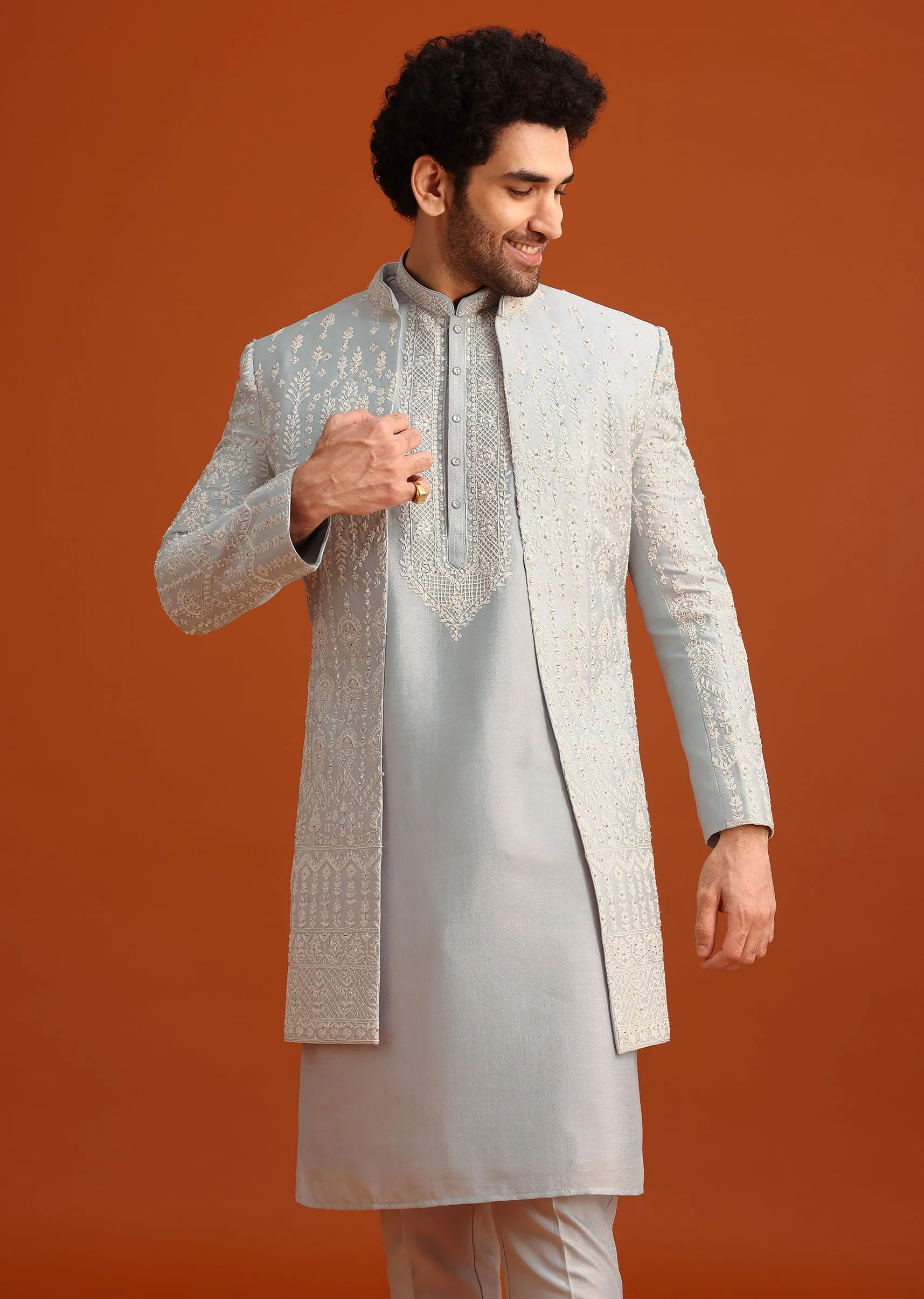 Aqua Blue Hand Embroidered Sherwani Set