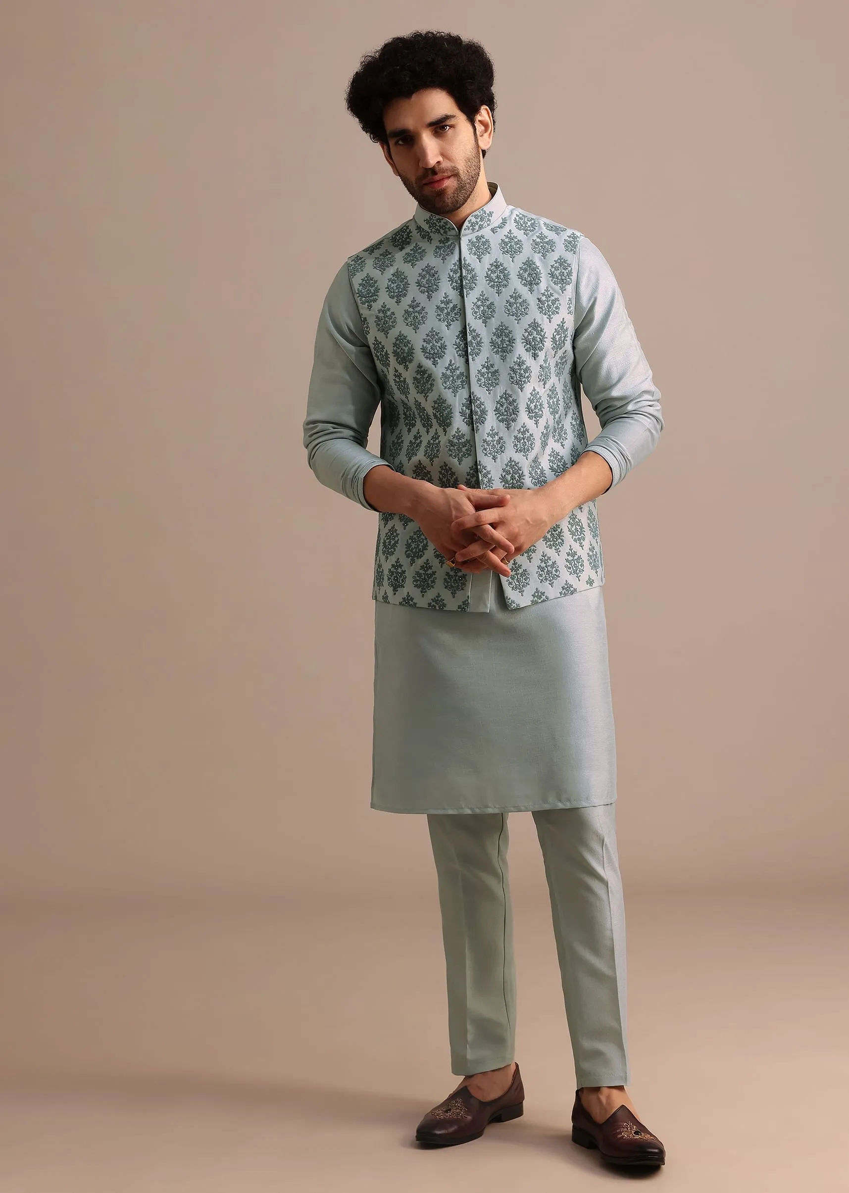 Aqua Blue Kurta Jacket Set With Dori Work And Stone Embroidery