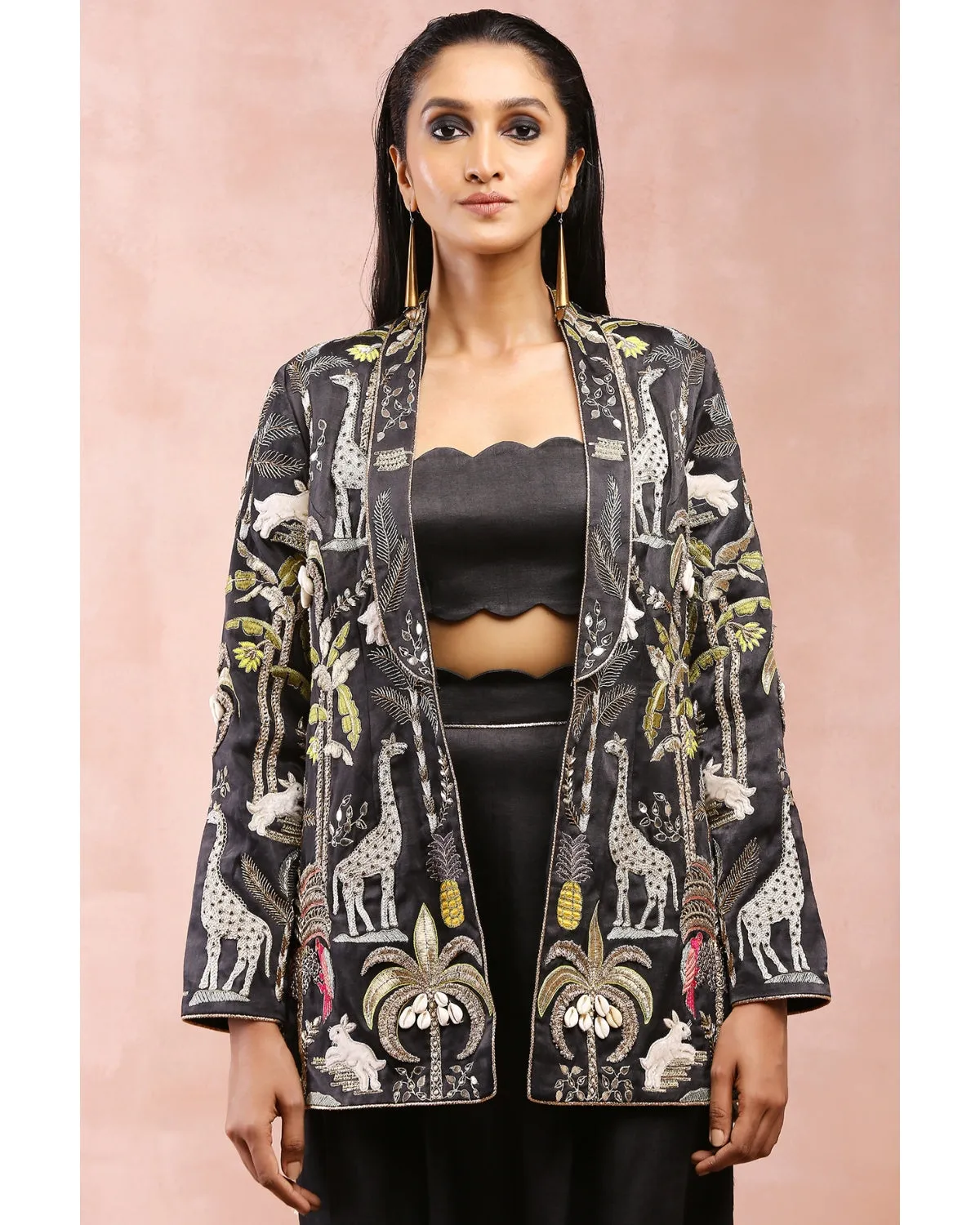 Black Embroidered Jacket And Low Crotch Pant