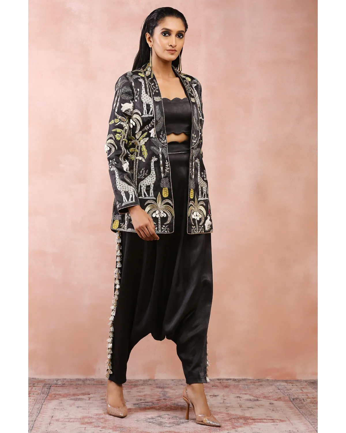 Black Embroidered Jacket And Low Crotch Pant