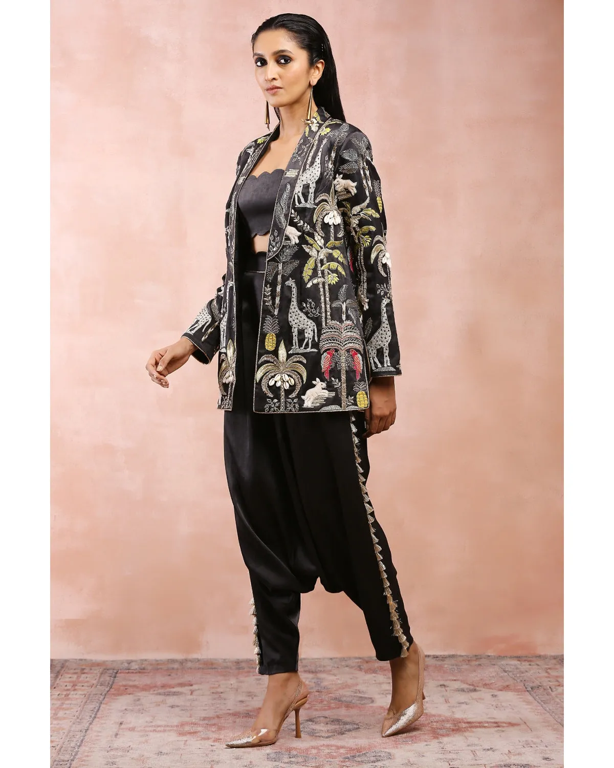 Black Embroidered Jacket And Low Crotch Pant