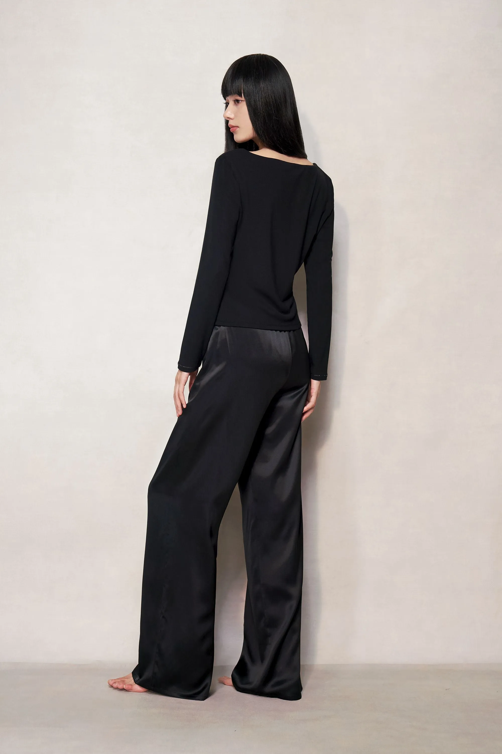 Black Silk Long Flared Pants
