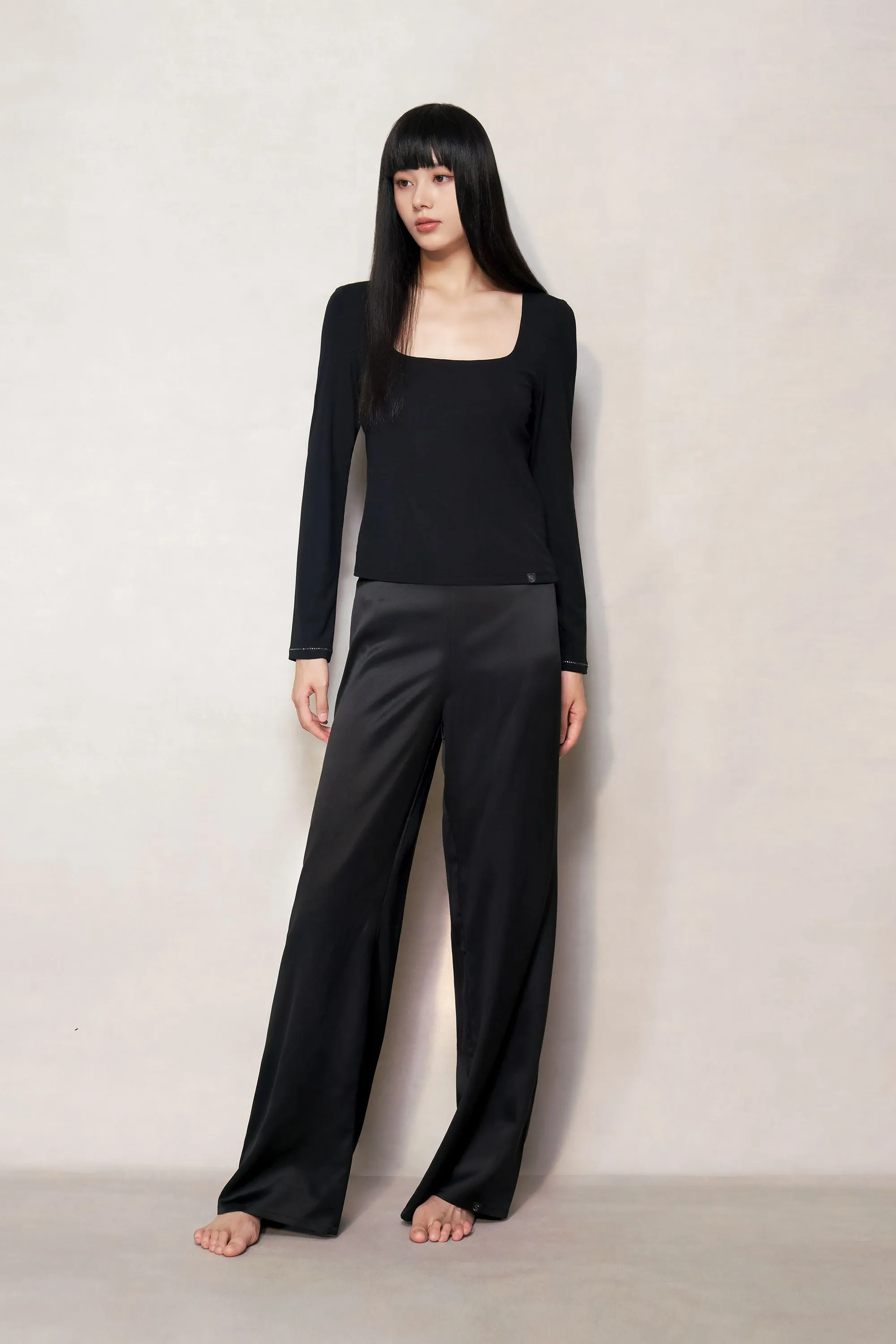 Black Silk Long Flared Pants