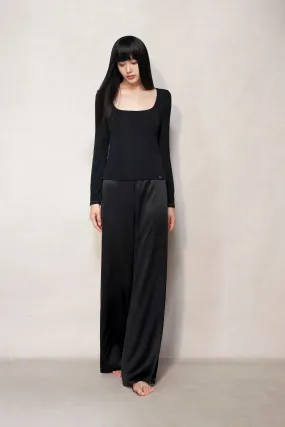 Black Silk Long Flared Pants