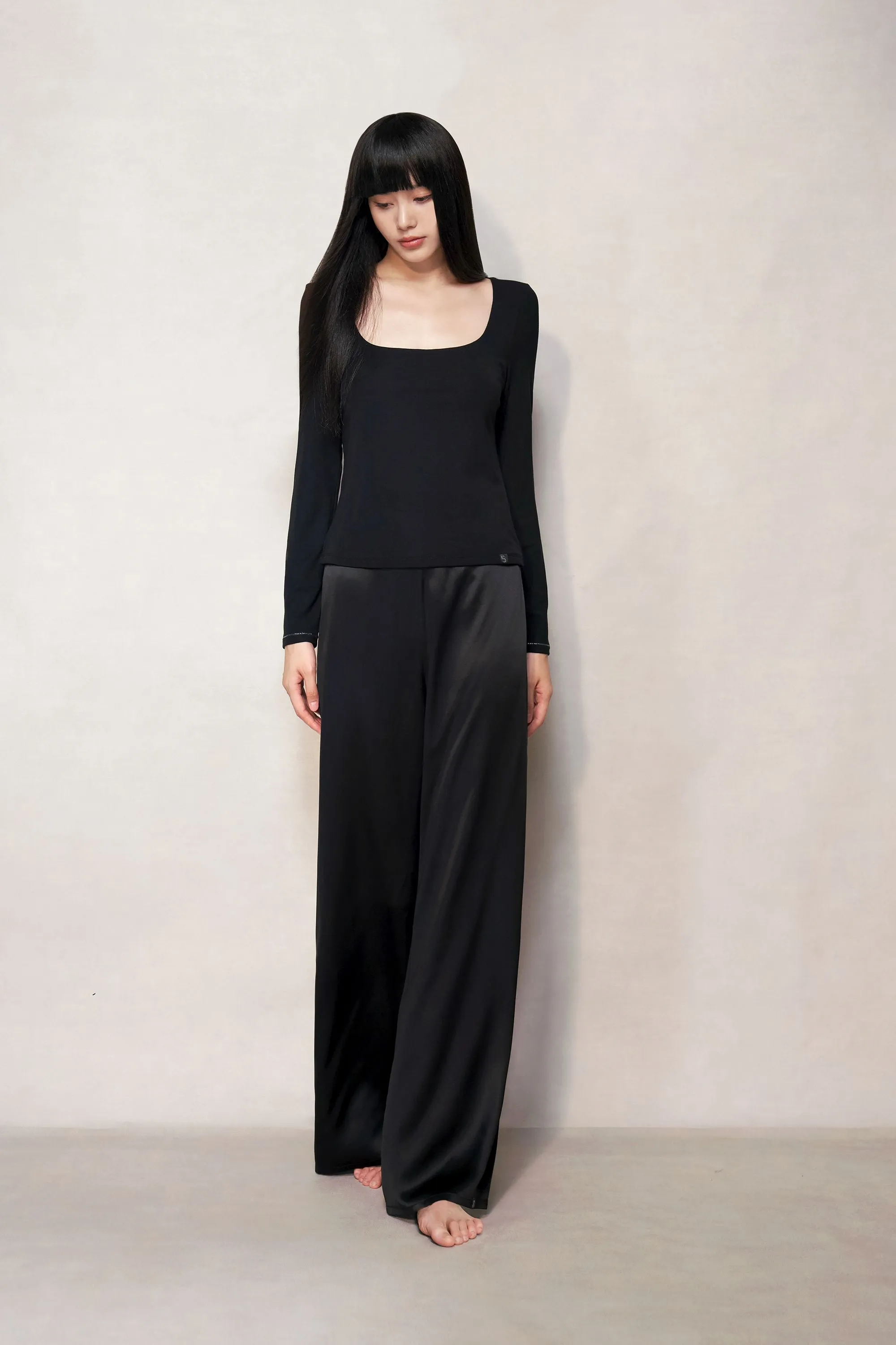 Black Silk Long Flared Pants