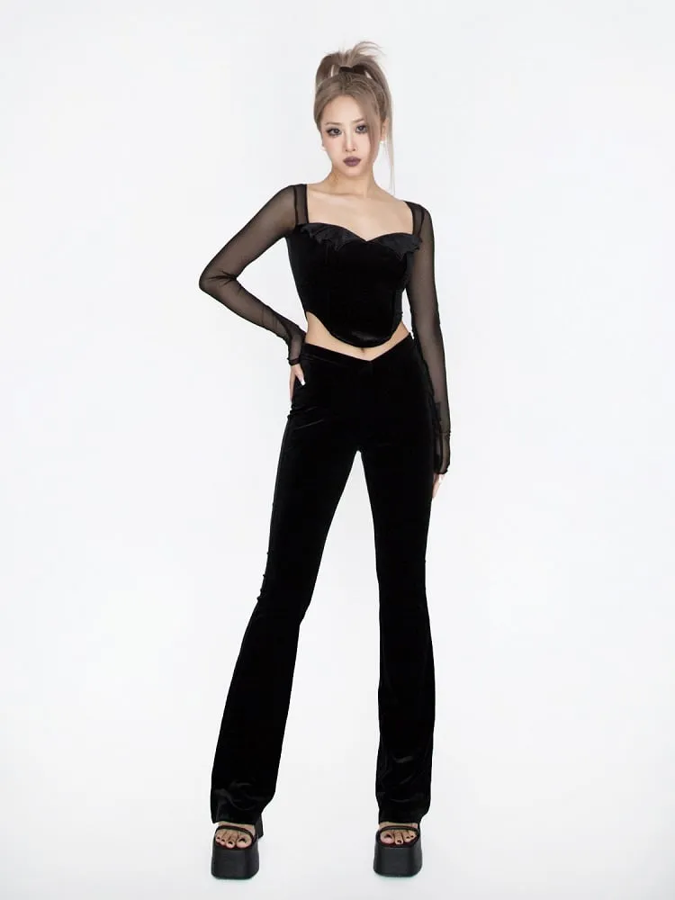 Black Velvet Pointed Waistband Waist Glamorous Flared Pants