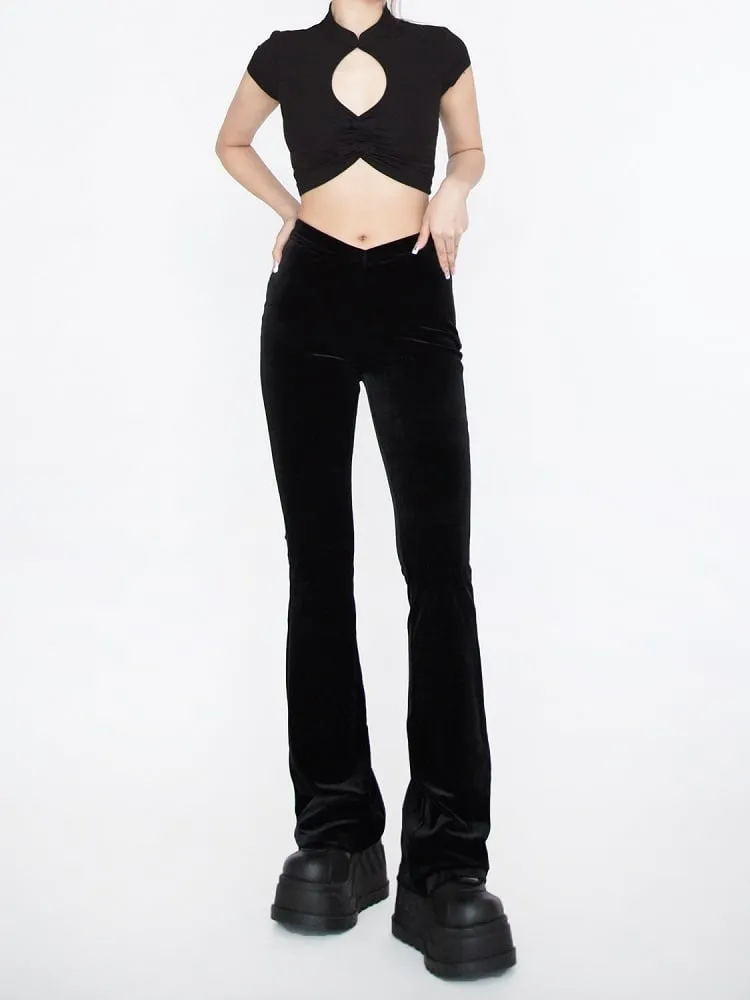 Black Velvet Pointed Waistband Waist Glamorous Flared Pants