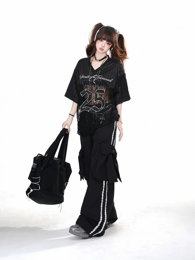 Black Wide-leg Pants with Big Bow Cargo Pockets