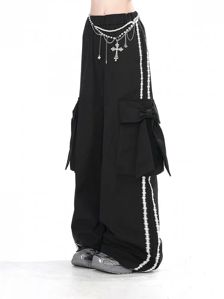 Black Wide-leg Pants with Big Bow Cargo Pockets