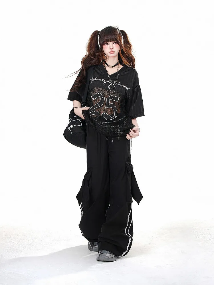 Black Wide-leg Pants with Big Bow Cargo Pockets