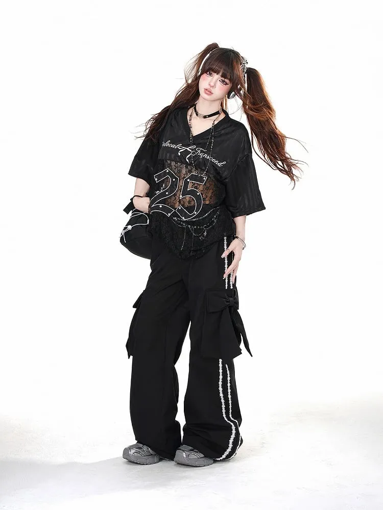 Black Wide-leg Pants with Big Bow Cargo Pockets