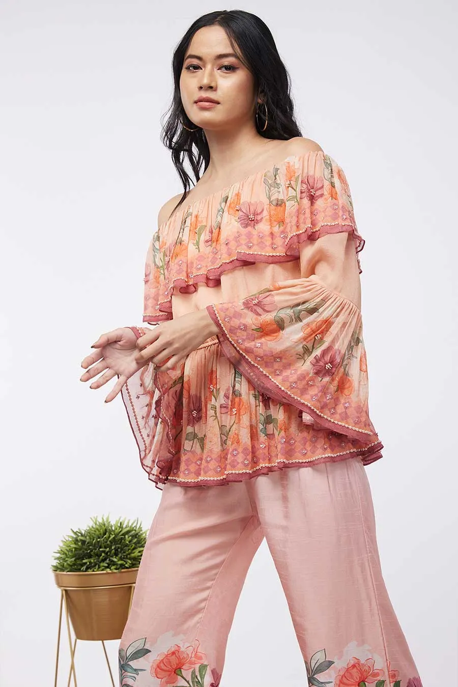 Bloom Printed Embroidered Top With Flared Pants