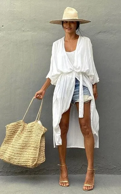 Bohemian Long Kimono, Beach Cover Up Kimono, Solid Color Bohemian Kimono