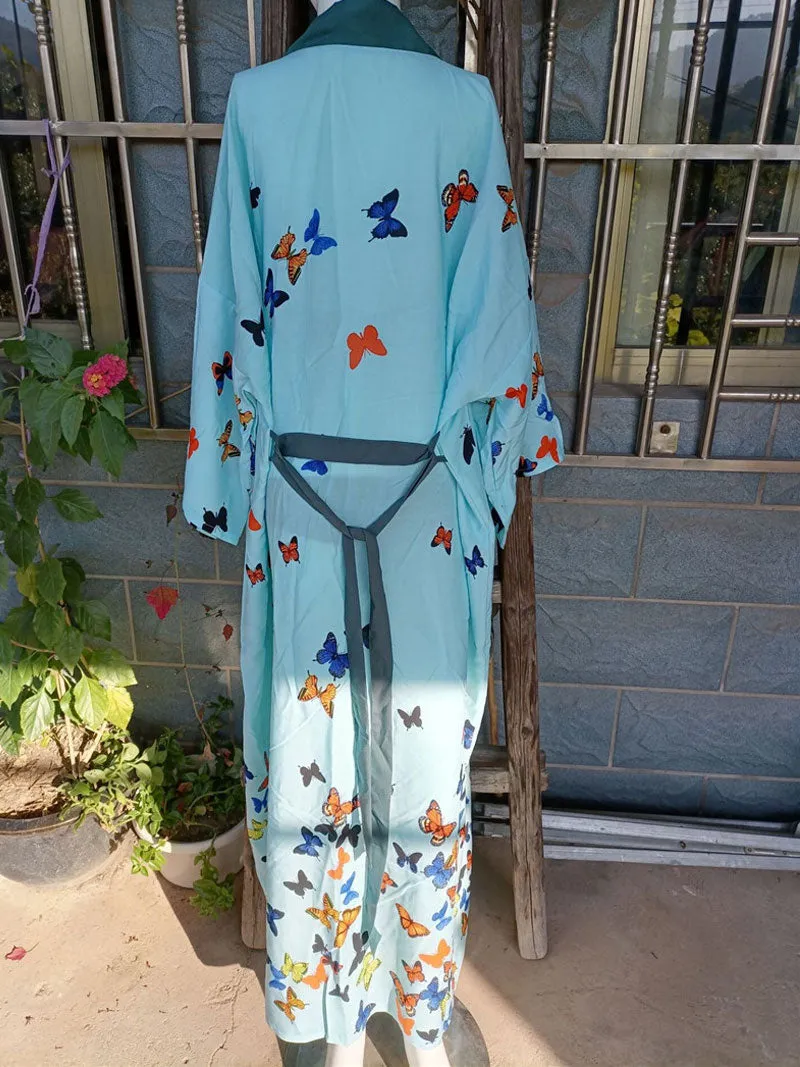 Bride to Be Butterfly Print Blue Color Cotton Long Length Gown Kimono Duster Robe