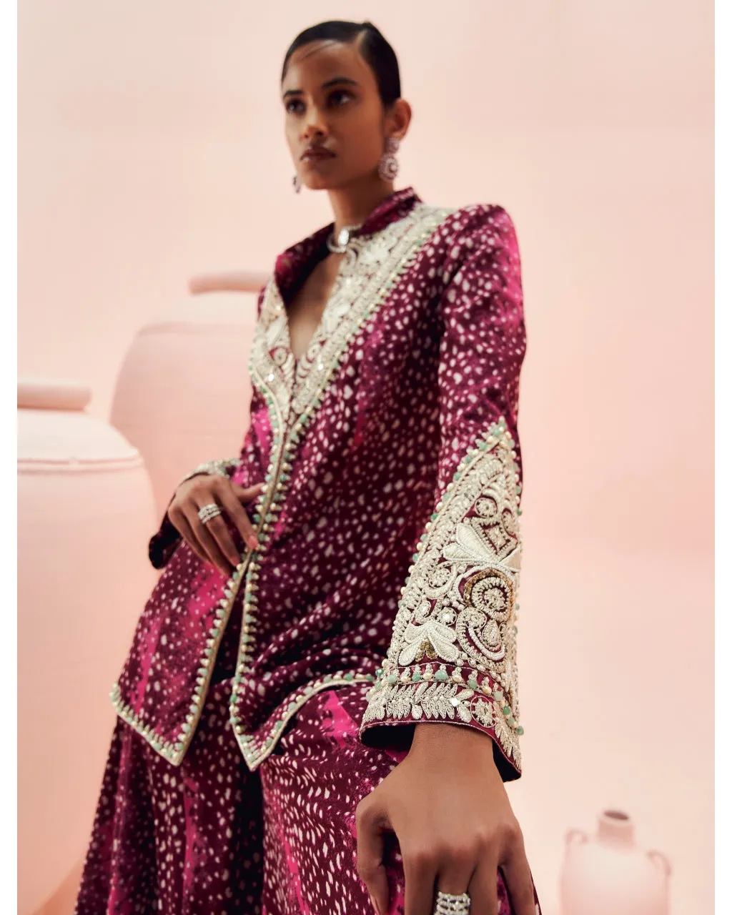 Burgundy Rosette Jacket And Sharara Set