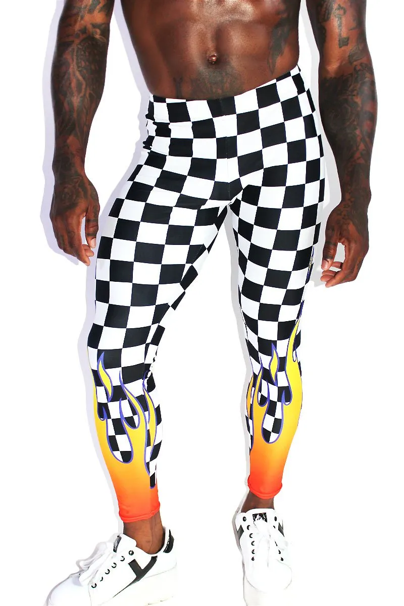 Checkerboard Flames Leggings Tights-Orange