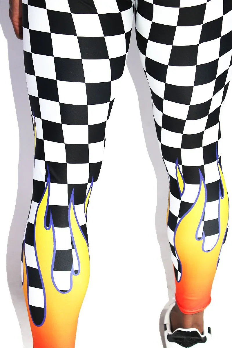 Checkerboard Flames Leggings Tights-Orange