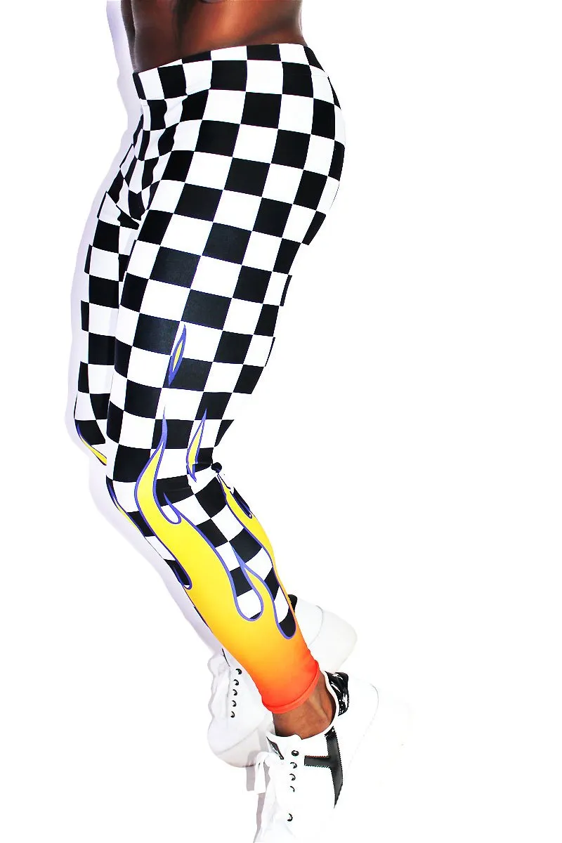 Checkerboard Flames Leggings Tights-Orange