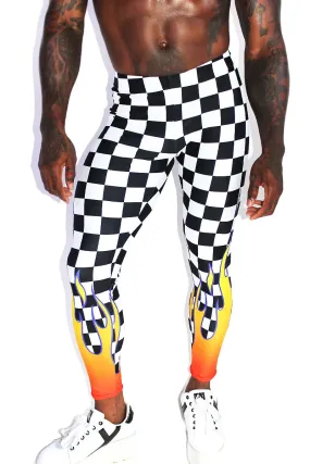 Checkerboard Flames Leggings Tights-Orange