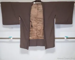 Dark Gray Brown Silk Haori - Textured Iromuji No Pattern Women's Kimono Jacket - Vintage 1980s Dark Haori - Mount Fuji Scenery in Lining