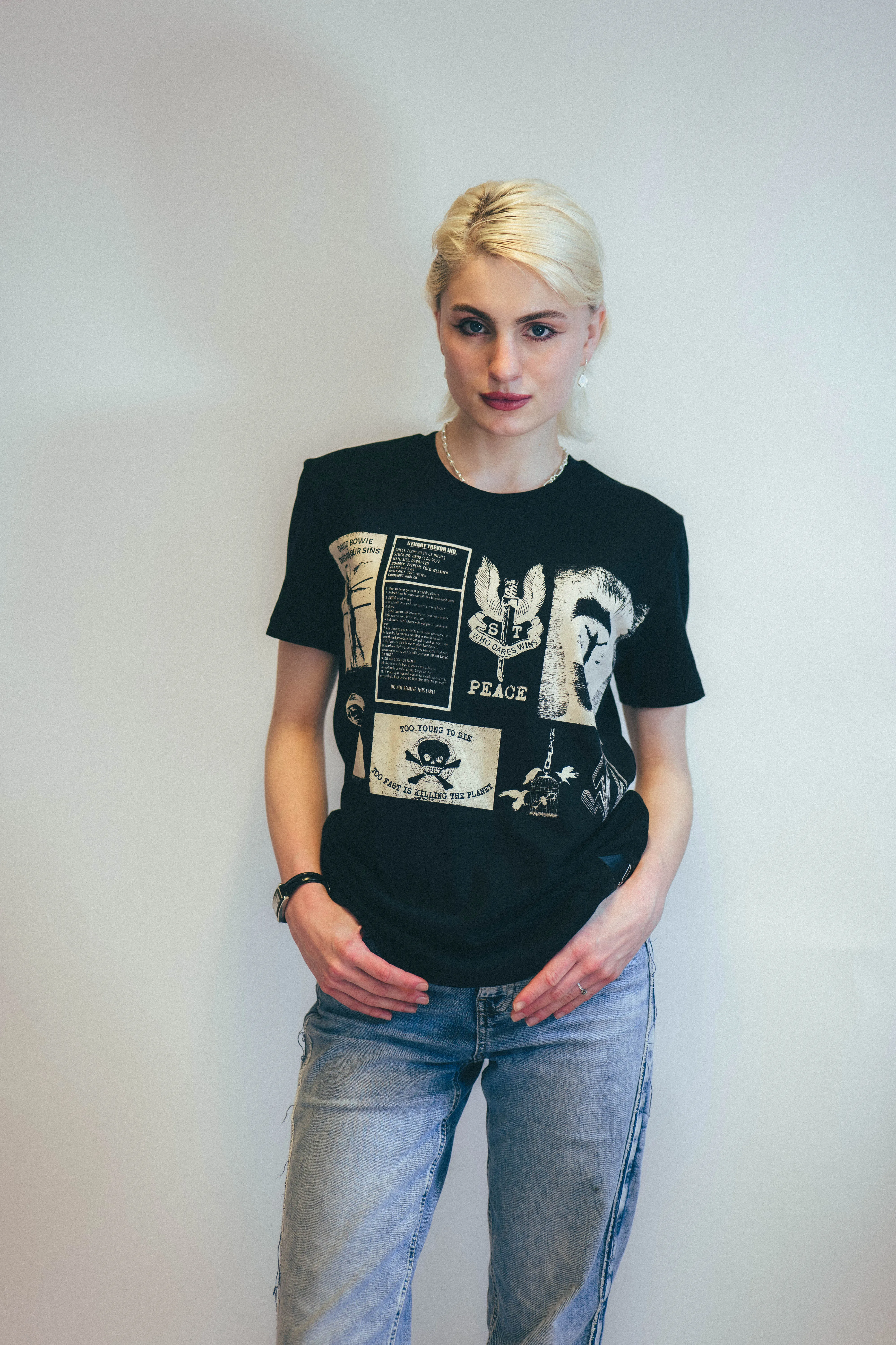 David Bowie inspired T-Shirt with Printed Patches in Black