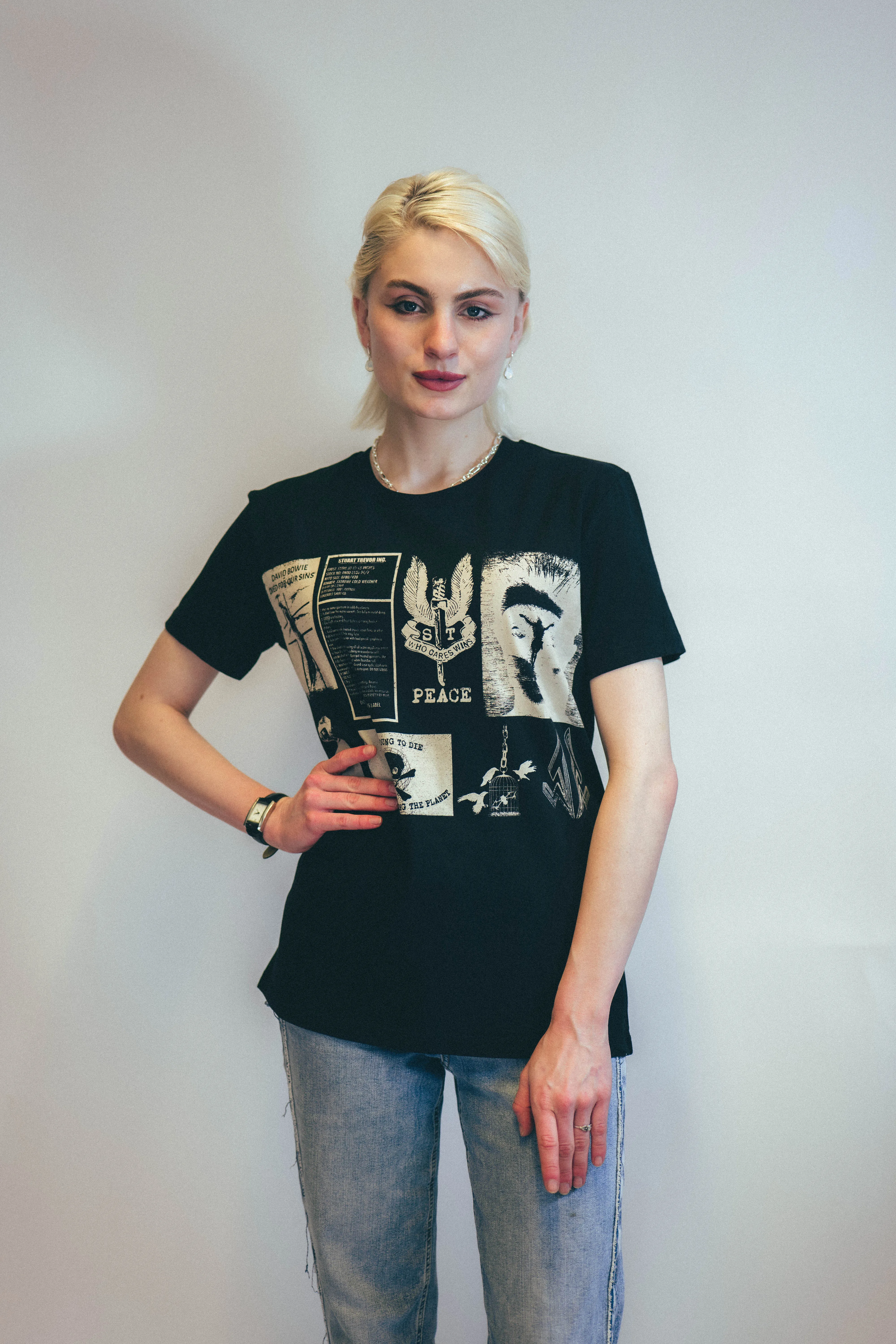David Bowie inspired T-Shirt with Printed Patches in Black