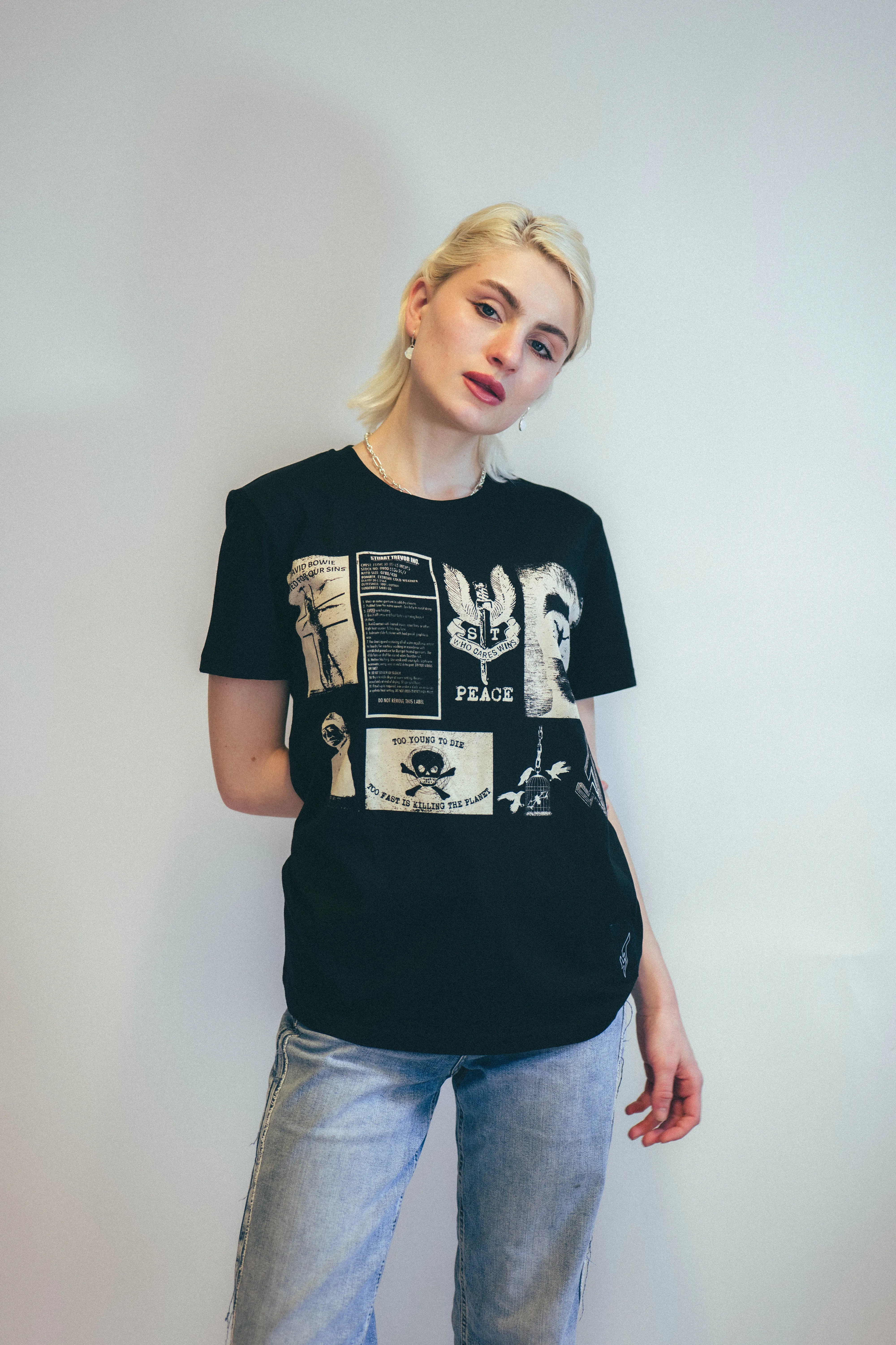 David Bowie inspired T-Shirt with Printed Patches in Black