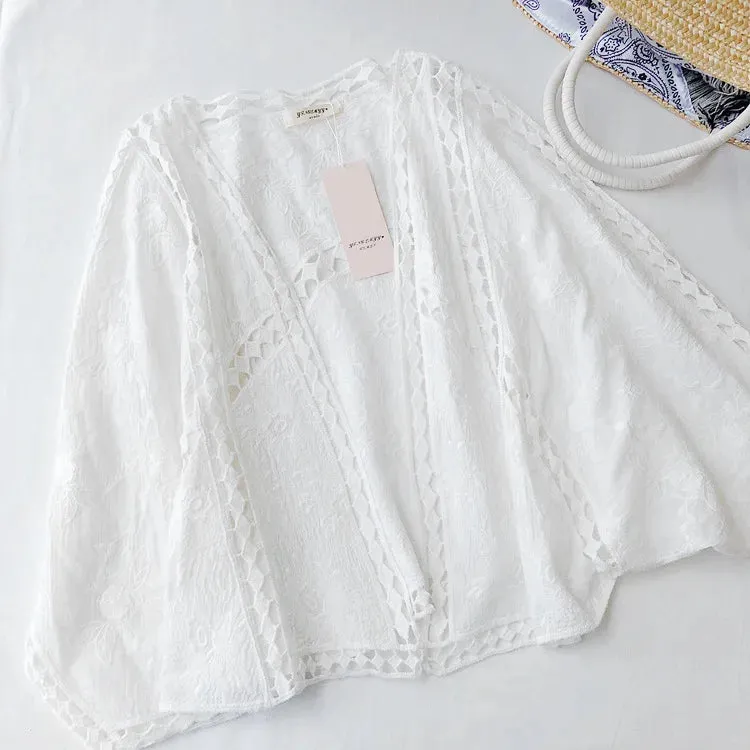Faith's Cotton Linen Open Stitch Embroidered Summer Cover-Ups