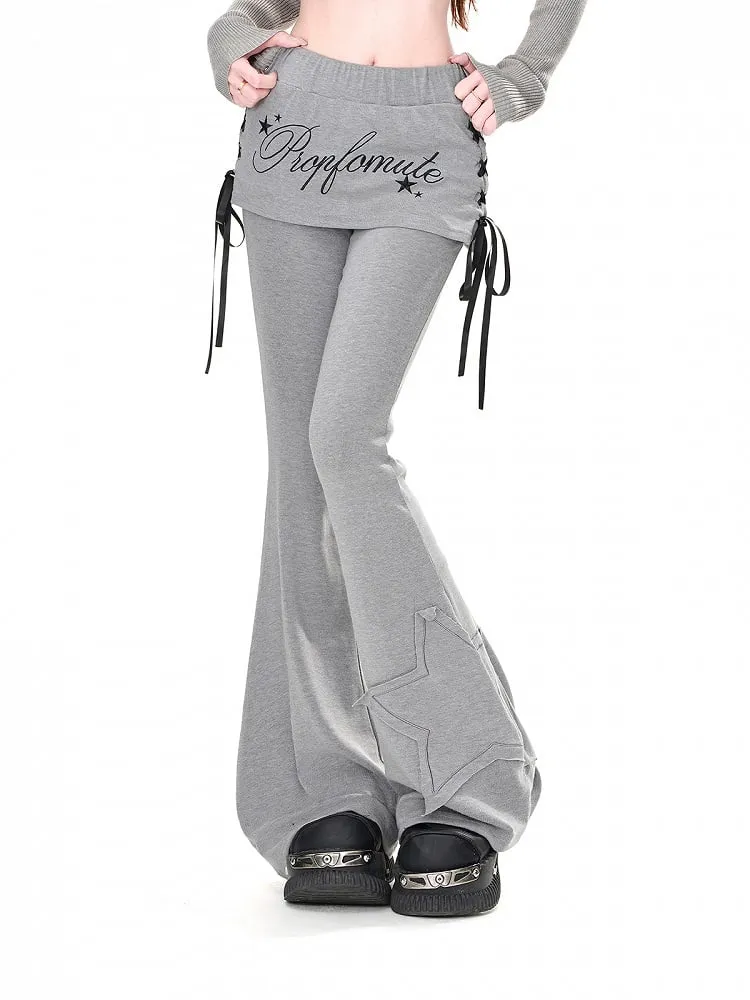 Grey Star Applique Glamorous Flared Pants with Lace-up Detail at Side